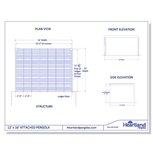 12' x 16' Modern Attached Vinyl Pergola
