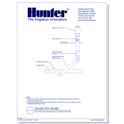 Valves - HCV-XXF-XXM - HCV Check Valve w/o Check Valve & w/ Hunter Swing Joints